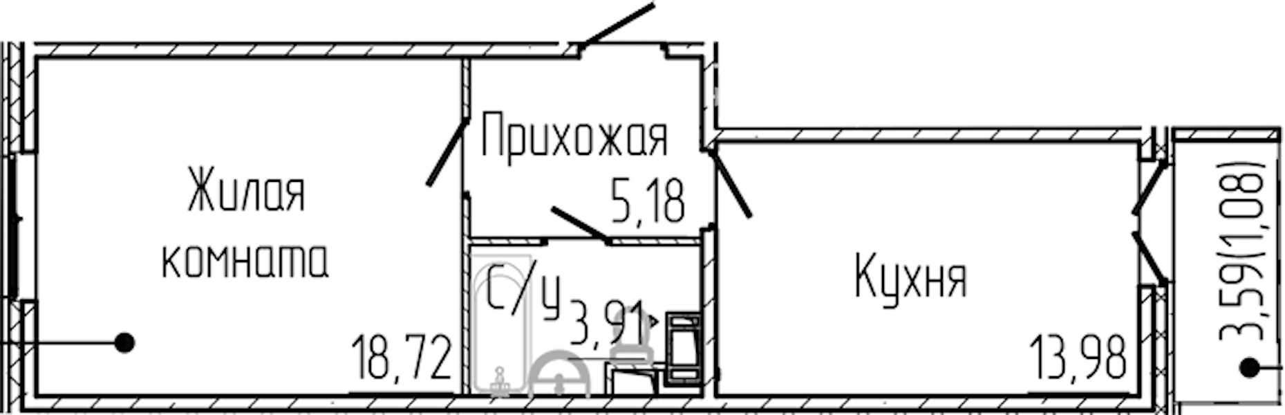 1-комнатная квартира 42.87 м², 8/8 эт., ЖК «SERTOLOVO PARK»
